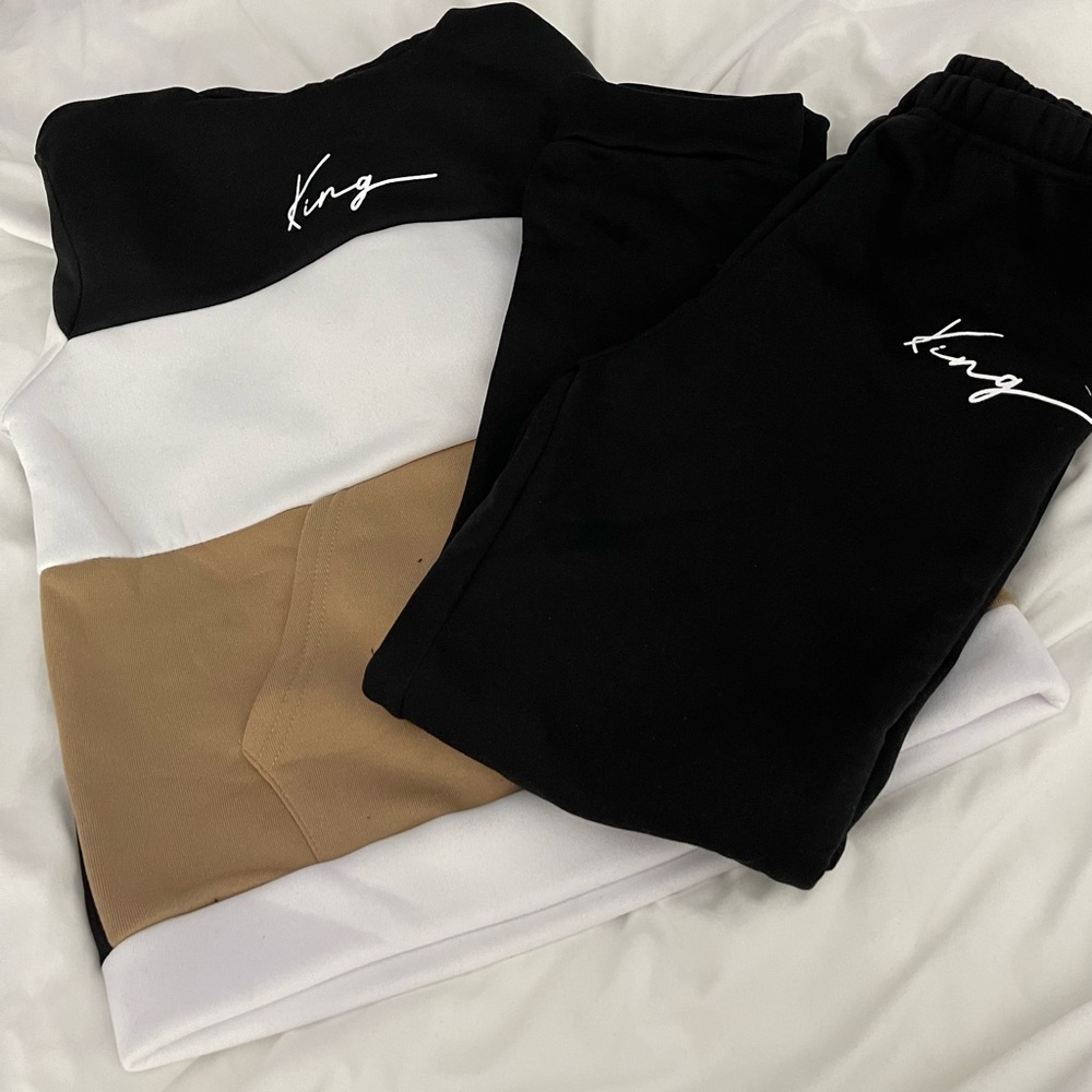 NNT 2pc Boys King Letter Print Color Block Long Sleeve Fleece with Hoodie